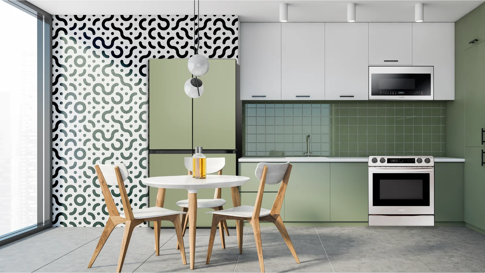 A modern kitchen with sage green Samsung Bespoke refrigerator panels, matching cabinetry and a bold patterned feature wall.