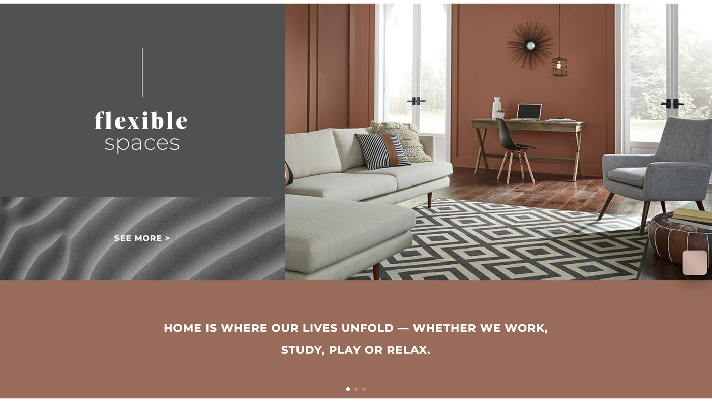 Flexible Spaces theme board: a living room with a terracotta wall and a home office corner.