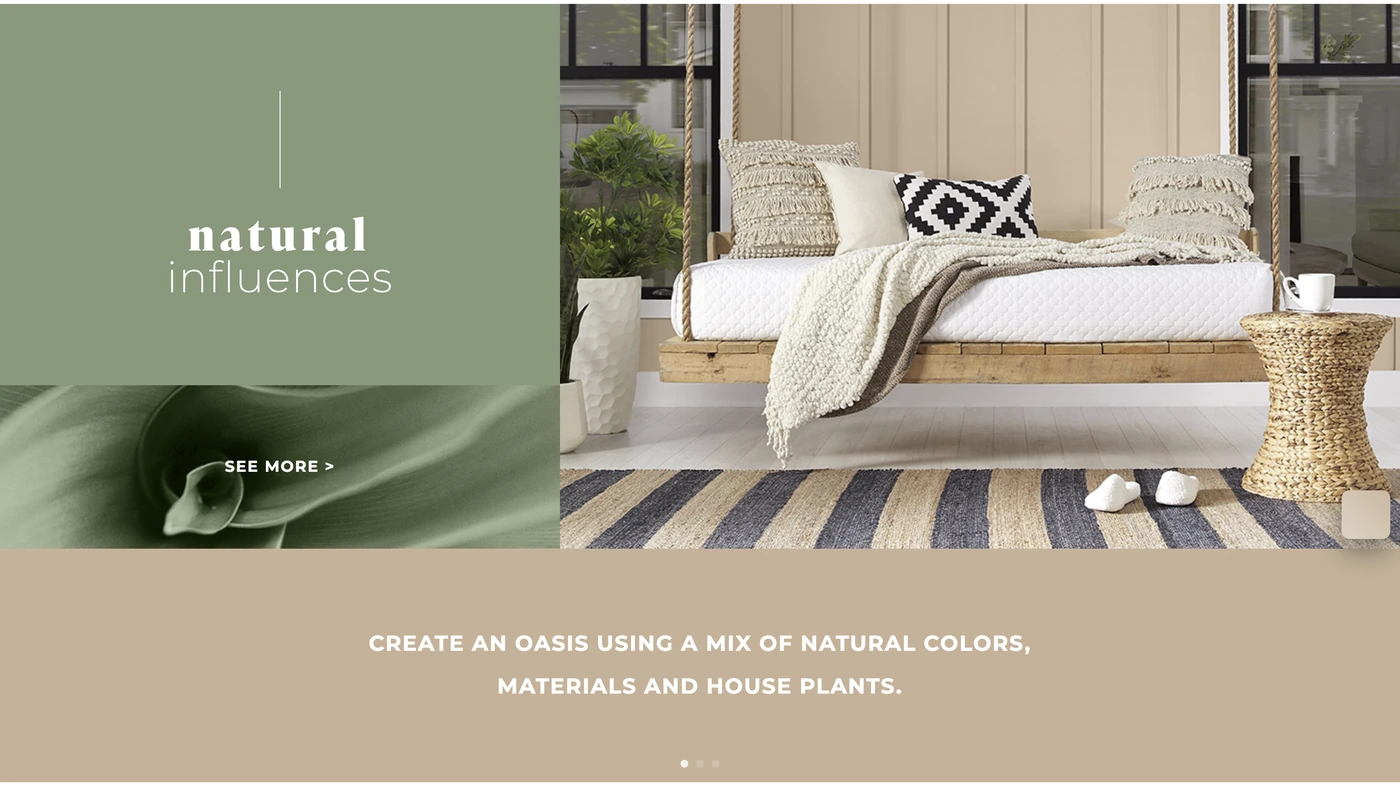 Natural Influences theme board: a bedroom in sage green and natural materials.