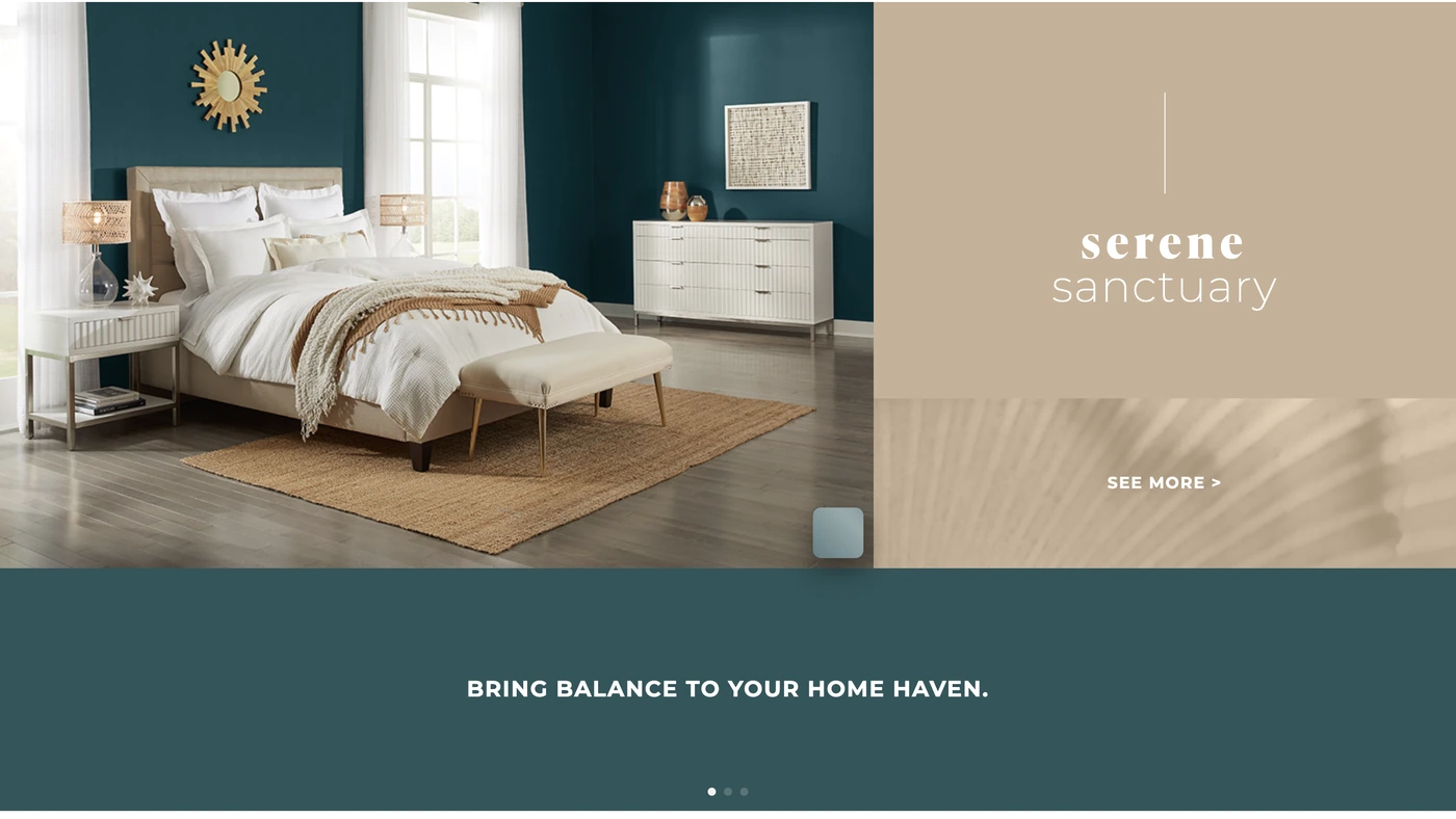 Serene Sanctuary theme board: a calm bedroom in teal and warm neutrals.
