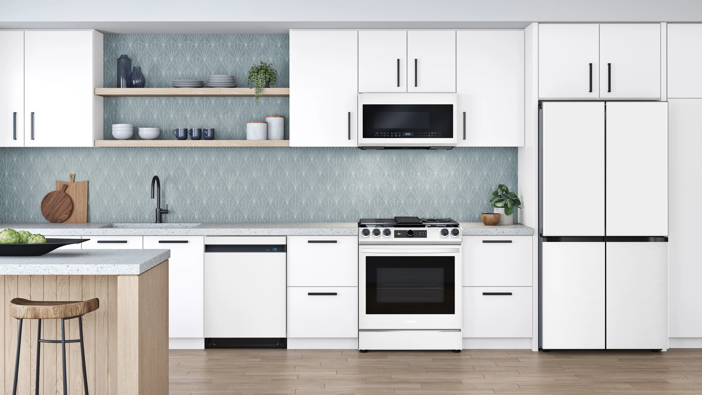 A bright kitchen with white cabinetry, a patterned blue backsplash and a white Samsung Bespoke refrigerator.