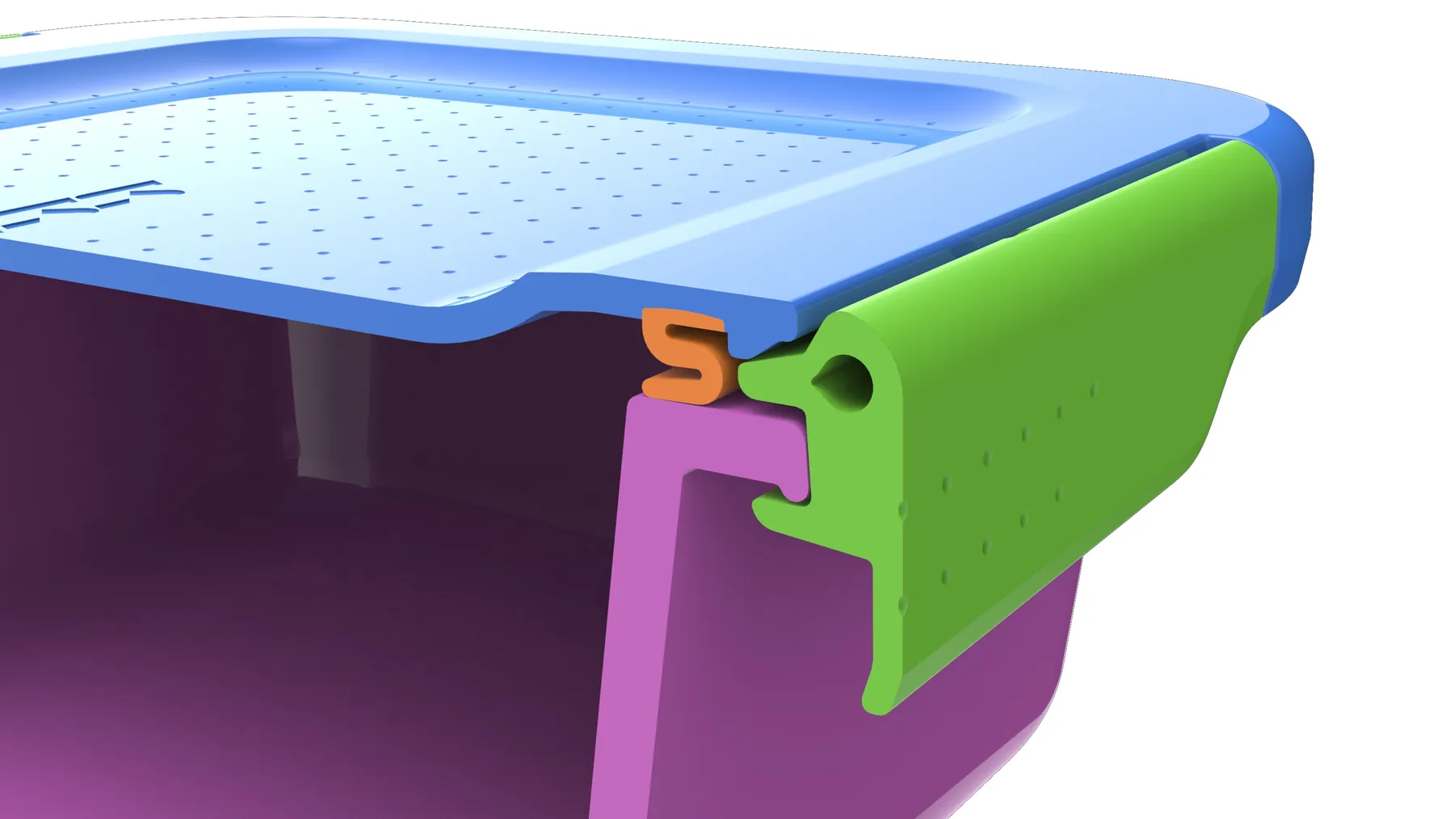 Color-coded section cut through the lid seal and latch, with the latch engaged.