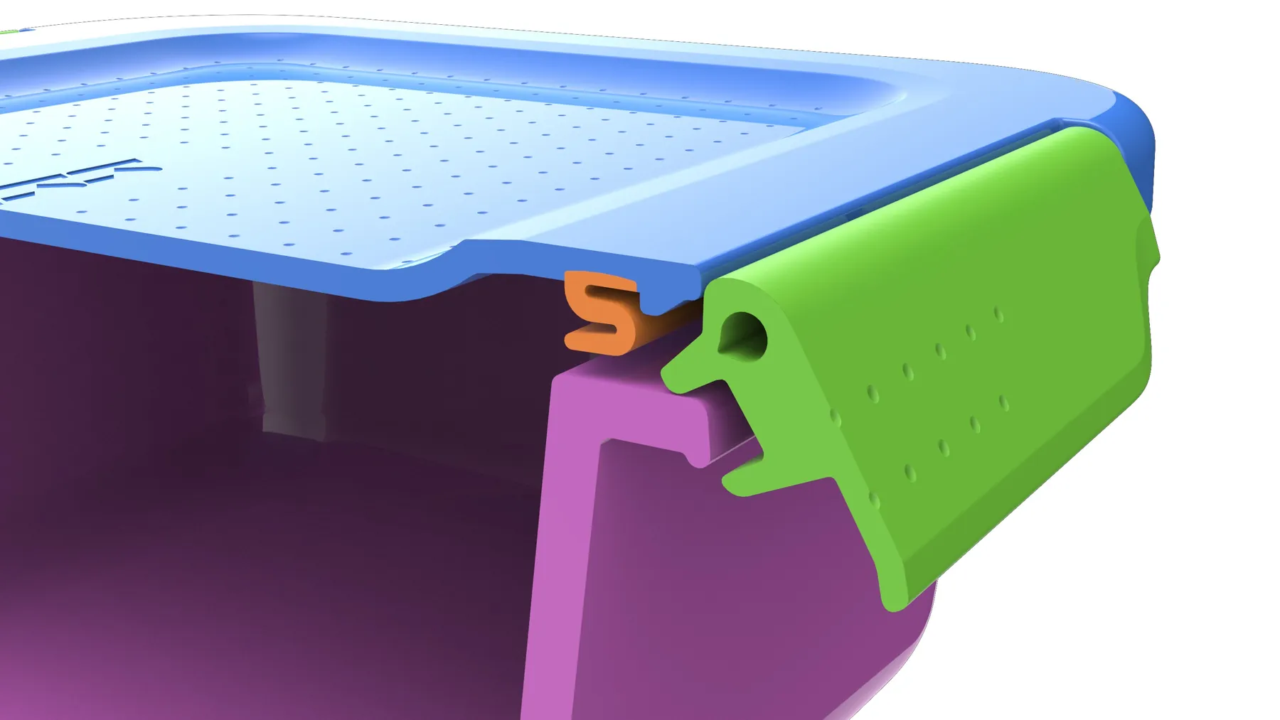 Color-coded section cut through the lid seal and latch, with the latch released.