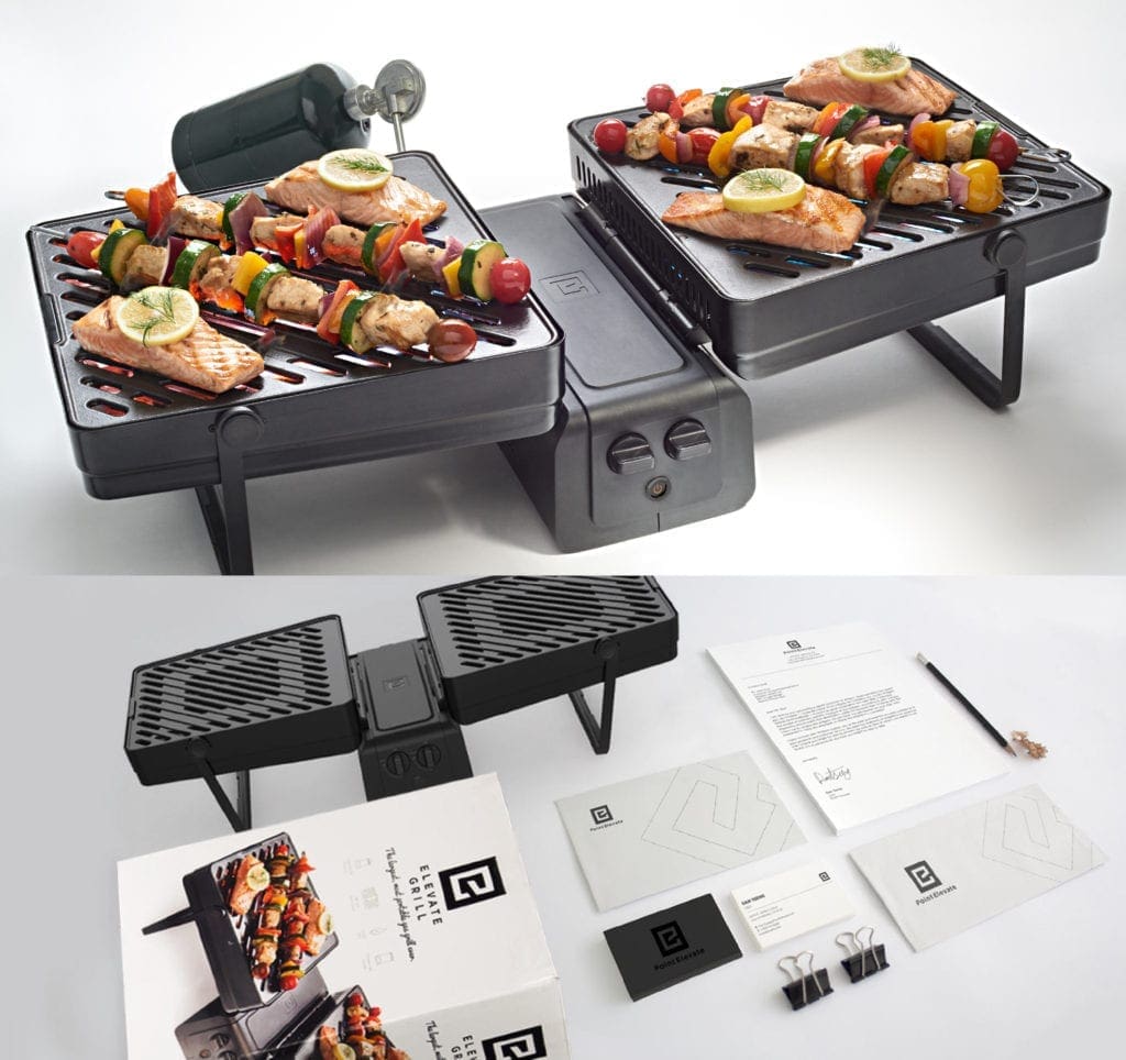 Elevate Grille with veggies on top with branding and manual
