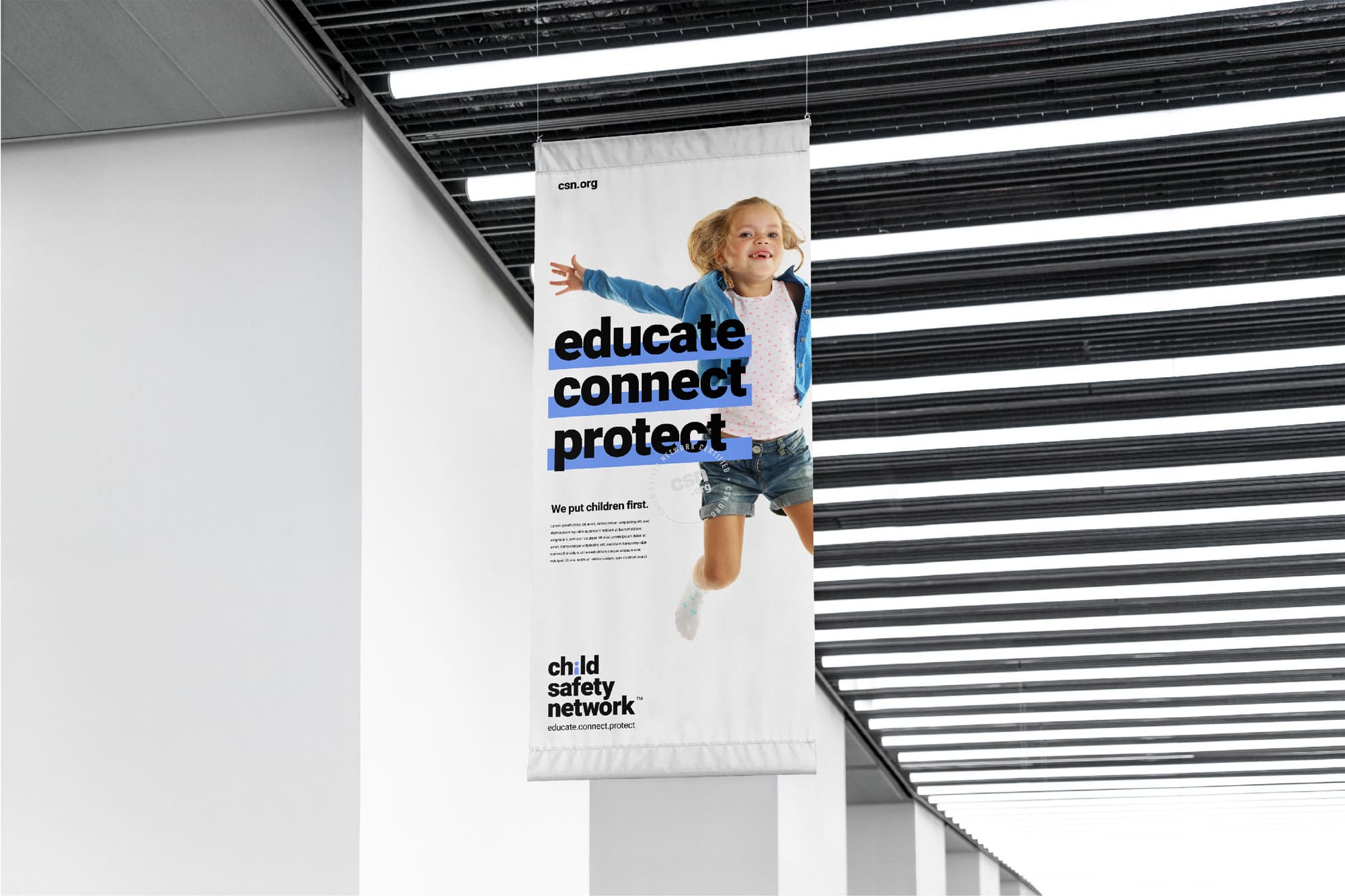 Child Safety Network on banner hanging from ceiling