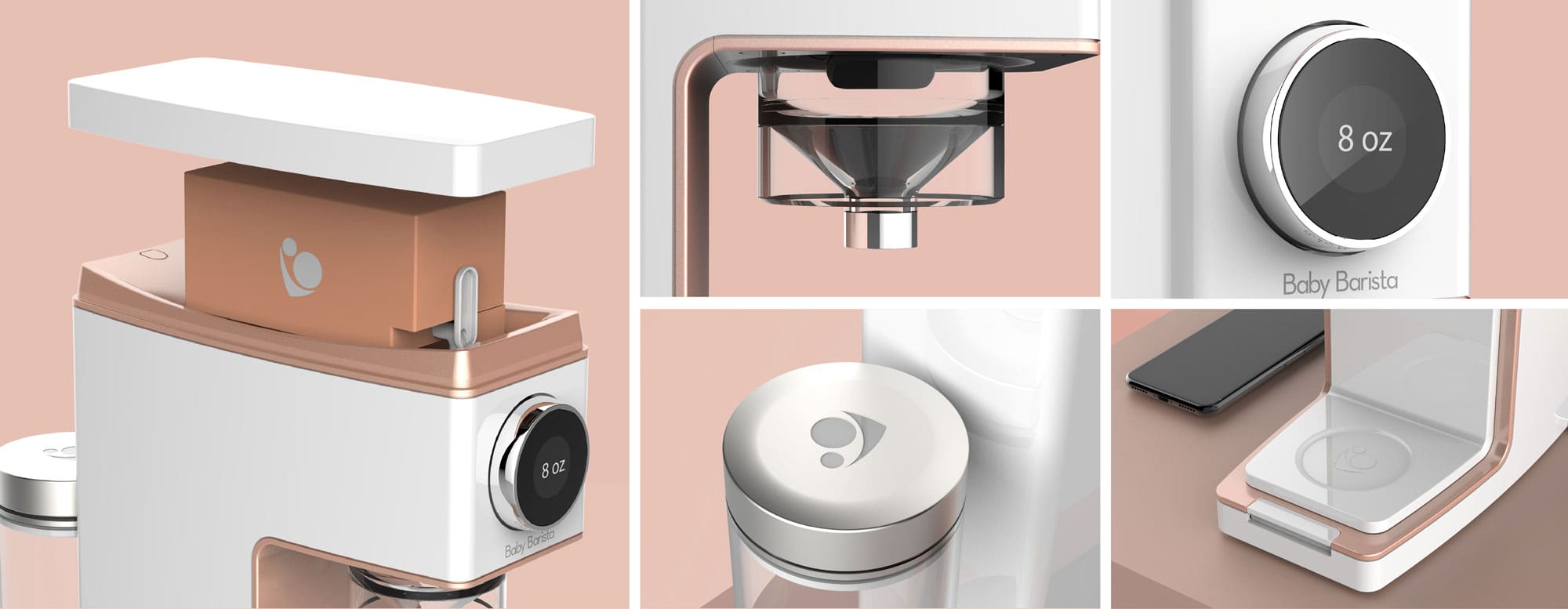 Five images of baby barista device being loaded and then dispensing