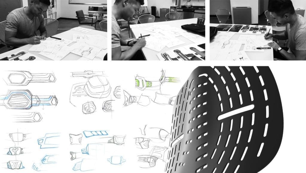 Industrial design process board with sketches and renderings of a tire and mechanical components.