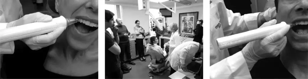 Designers and clinicians discussing insights in a medical setting