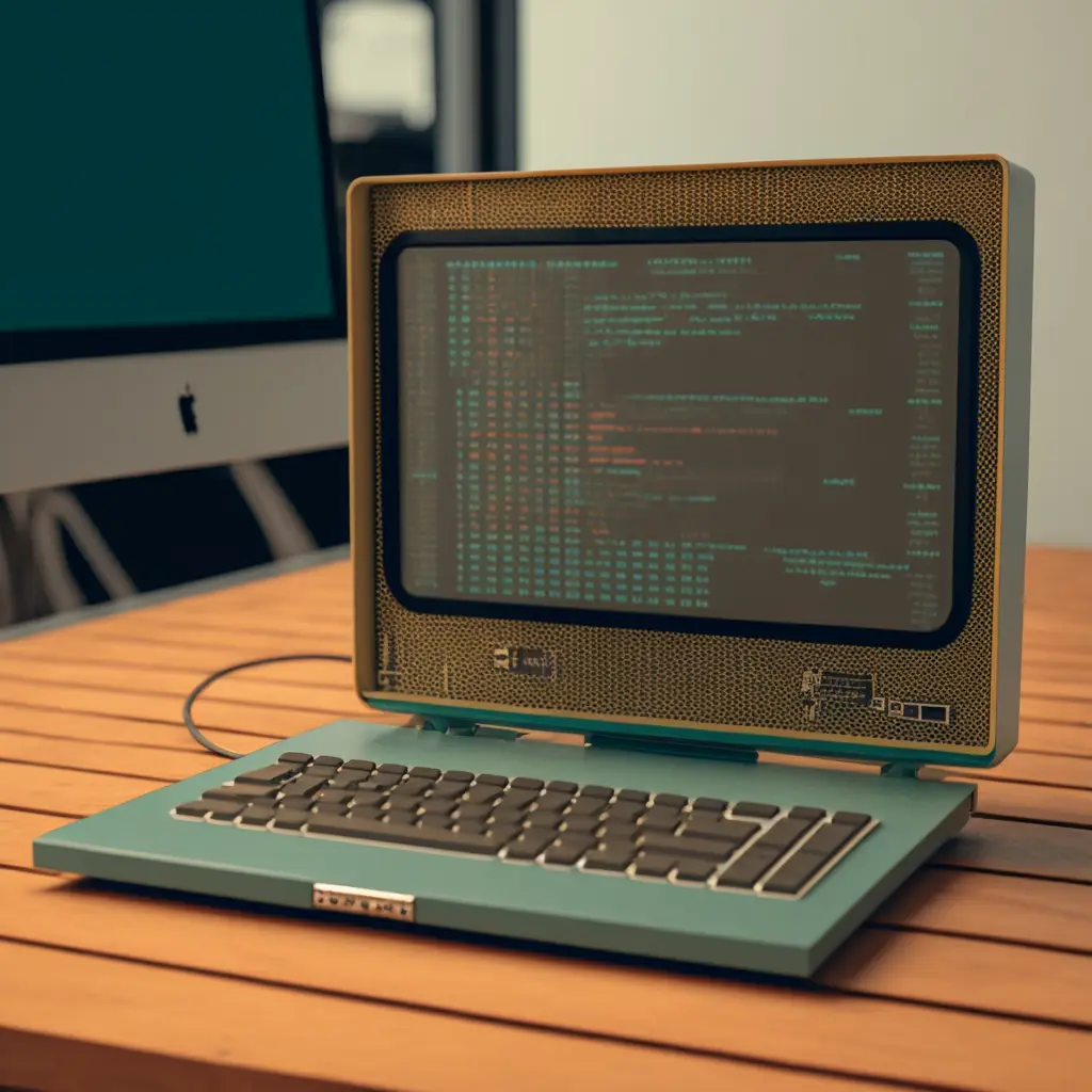 Retro-Futuristic computer with code on the screen for blog about 2023 software development trends