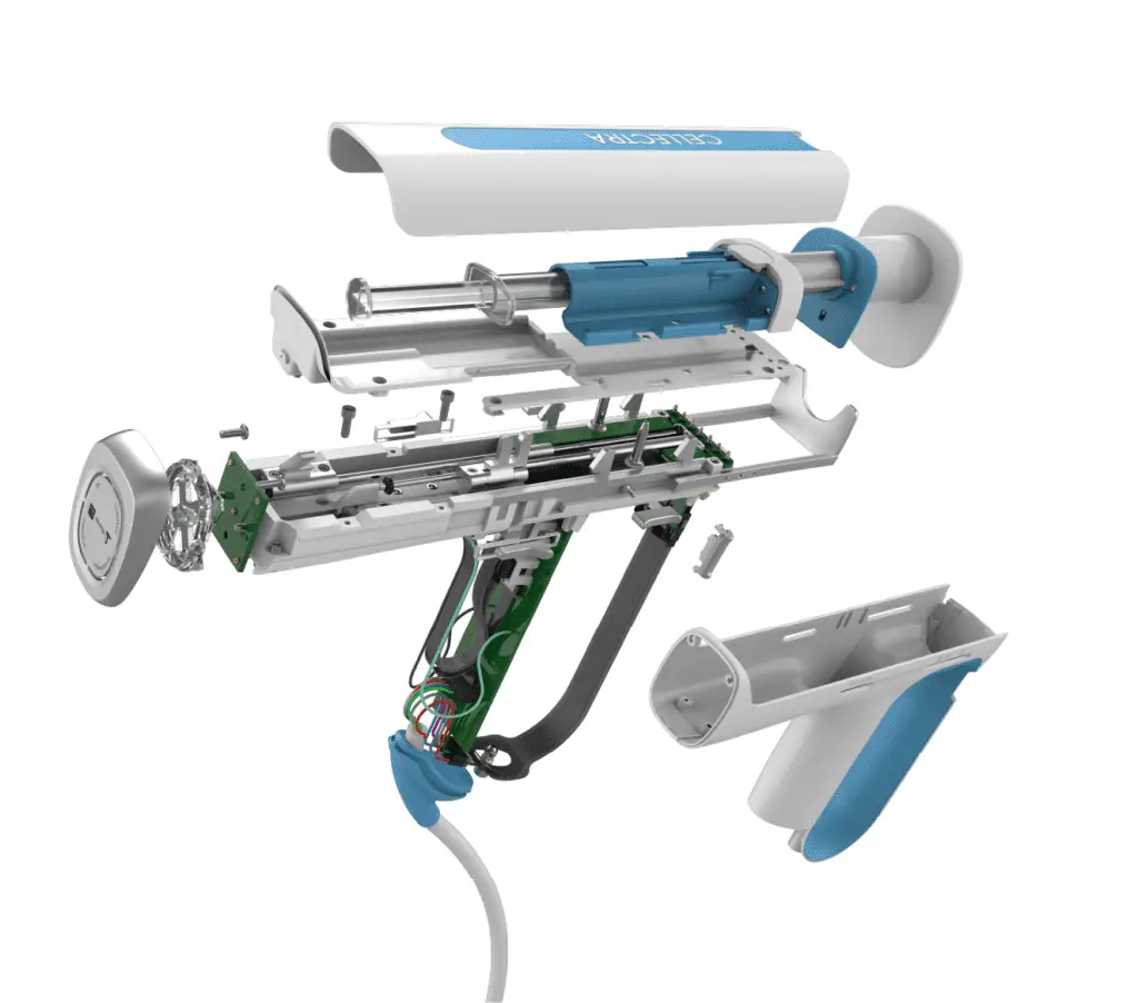 Medical device exploded view showing internal components for genomic and dental applications