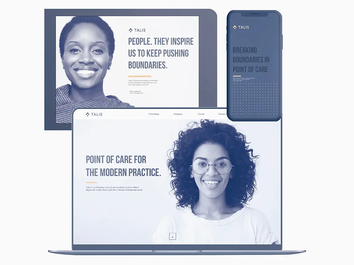 Screens showing Talis branding across laptop, smartphone, and display with user portraits