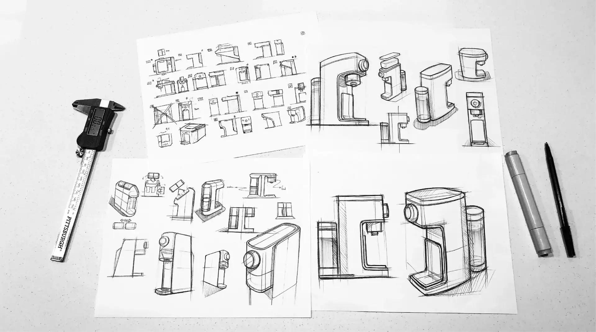 Sketches of the preliminary designs for Baby Barista
