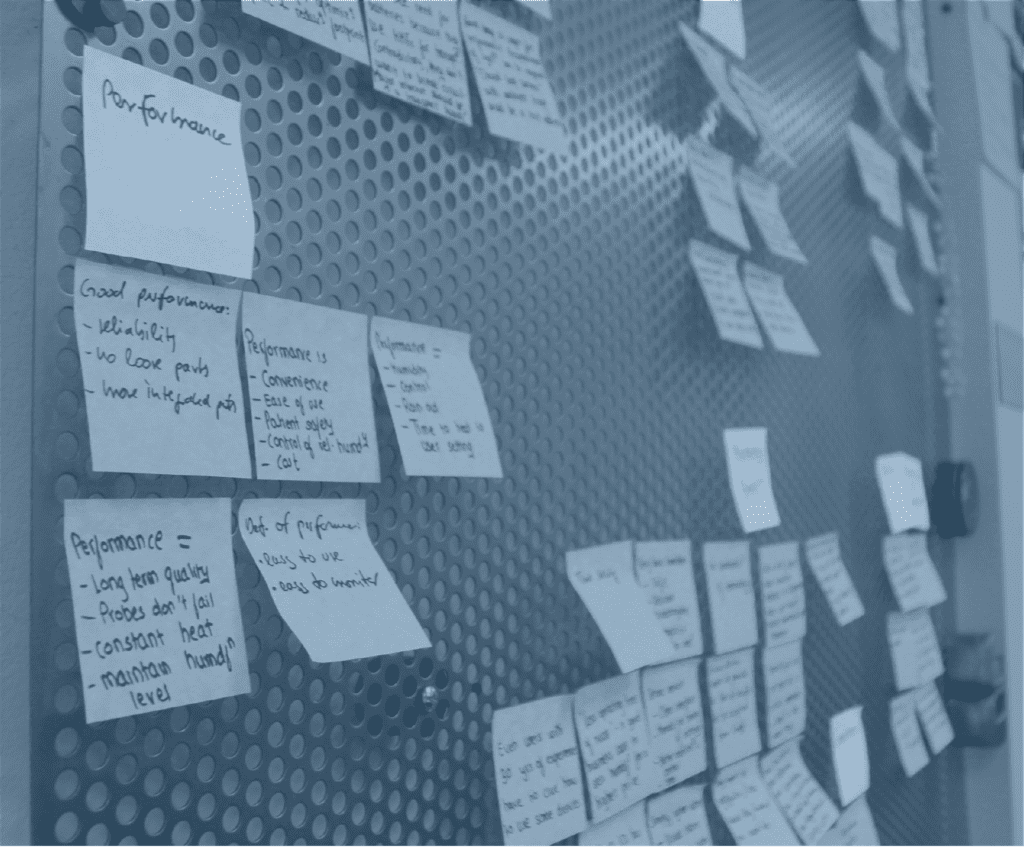 A Wall at RKS Design with preliminary brainstorms for the development of the C6 Ventilator
