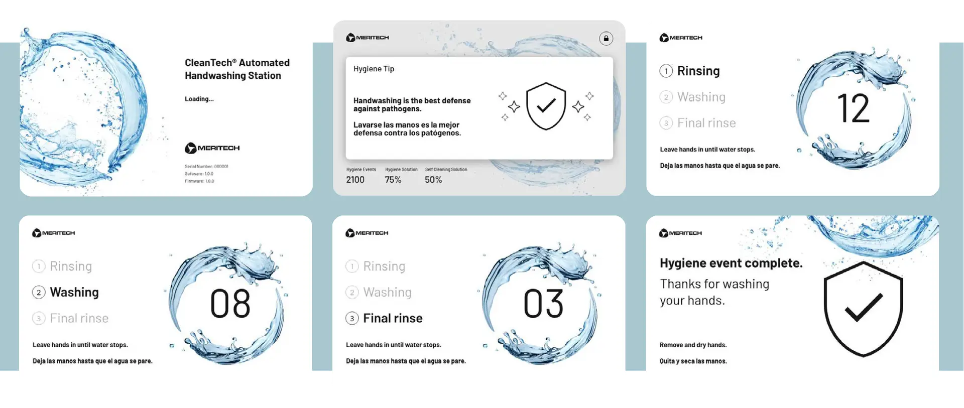 UI Screens of the Meritech EVOS Handwashing Stations