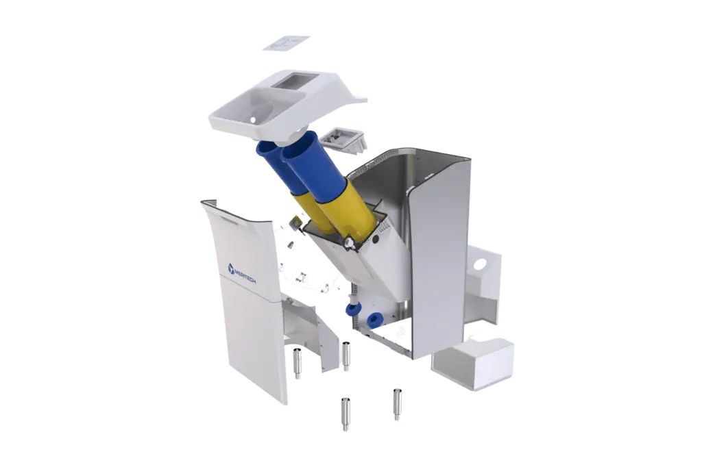 Exploded hardware assembly view of an industrial product showing internal parts