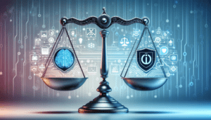 A symbolic image featuring a balance scale with AI technology on one side and ethical considerations on the other