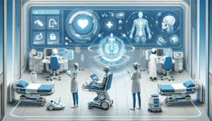 A futuristic depiction of a smart hospital with AI-driven medical devices and robotic assistants