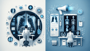 A side-by-side comparison image featuring traditional medical diagnostics on the left and AI-assisted diagnostics on the right