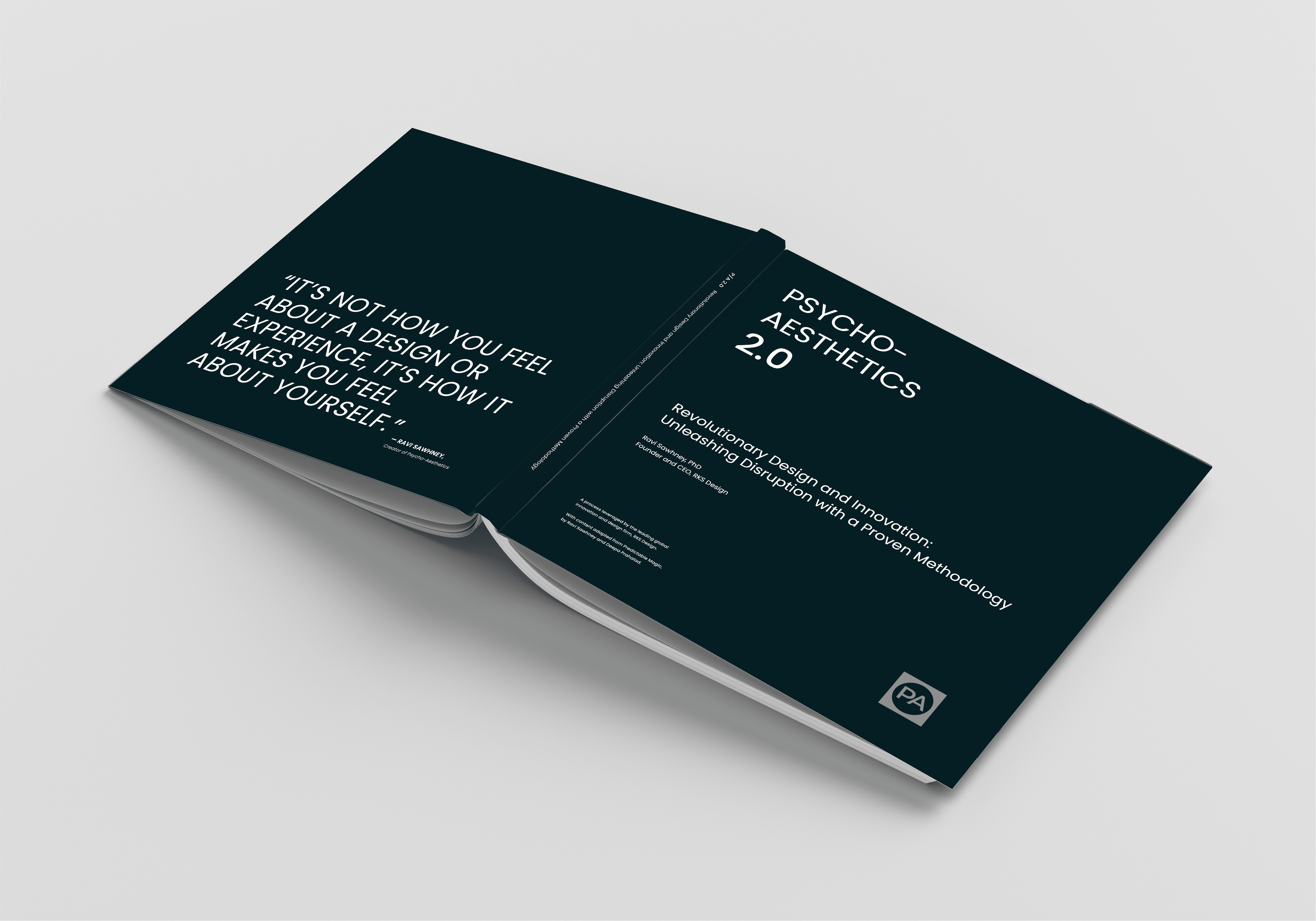 An open book mockup titled 'Psycho-Aesthetics 2.0' with a quote on the left page saying 'It's not how you feel about a design or experience, it's how it makes you feel about yourself.' and the title page on the right