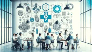 A team of designers and healthcare professionals brainstorming in a modern office…