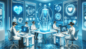 Advanced AI-driven medical devices, doctors using augmented reality glasses, and digital diagnostic tools in a high-tech hospital environment