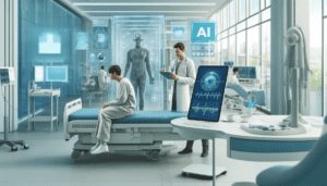 A modern hospital setting with advanced medical devices, a doctor examining a patient using a tablet, and digital interfaces displaying AI data analytics