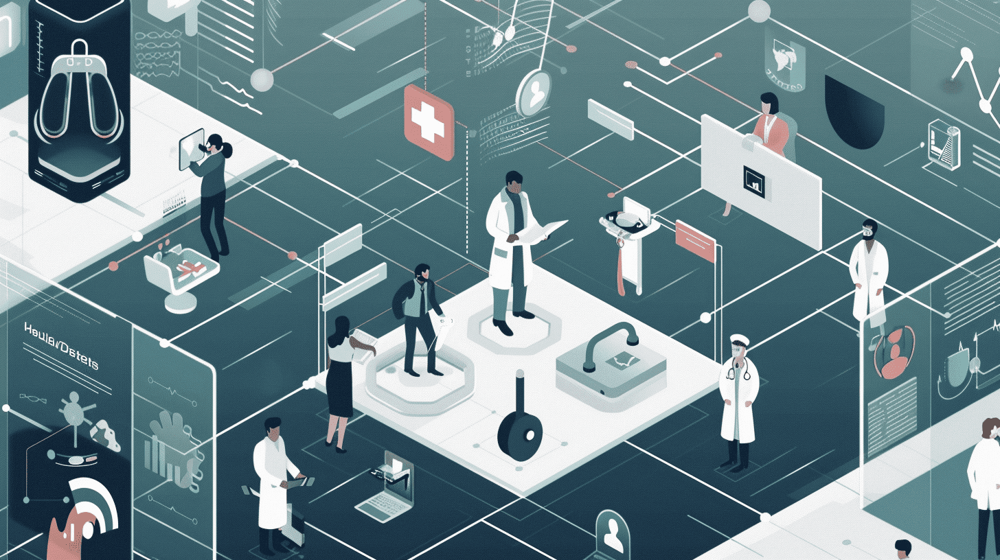 Illustration of various medical professionals and designers interacting with AI interfaces and medical devices in a futuristic healthcare setting. The color palette features cohesive shades of blue, white, and silver.