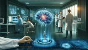 A digital brain with neural networks, medical professionals interacting with holographic interfaces, and AI-driven diagnostic tools like advanced medical imaging and data analysis