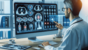 An AI algorithm analyzing medical images on a computer screen, with a radiologist or pathologist reviewing the results