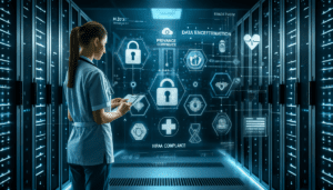 A secure server room with data encryption symbols and a medical professional reviewing patient data on a secure interface