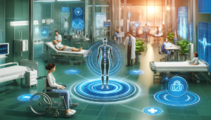 A futuristic healthcare environment with advanced AI technologies, including wearable health monitors, smart hospital rooms, and autonomous diagnostic devices