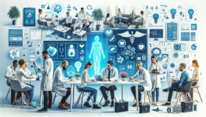 A design consultancy team collaborating with medical professionals, conducting user interviews, and developing AI-driven healthcare products