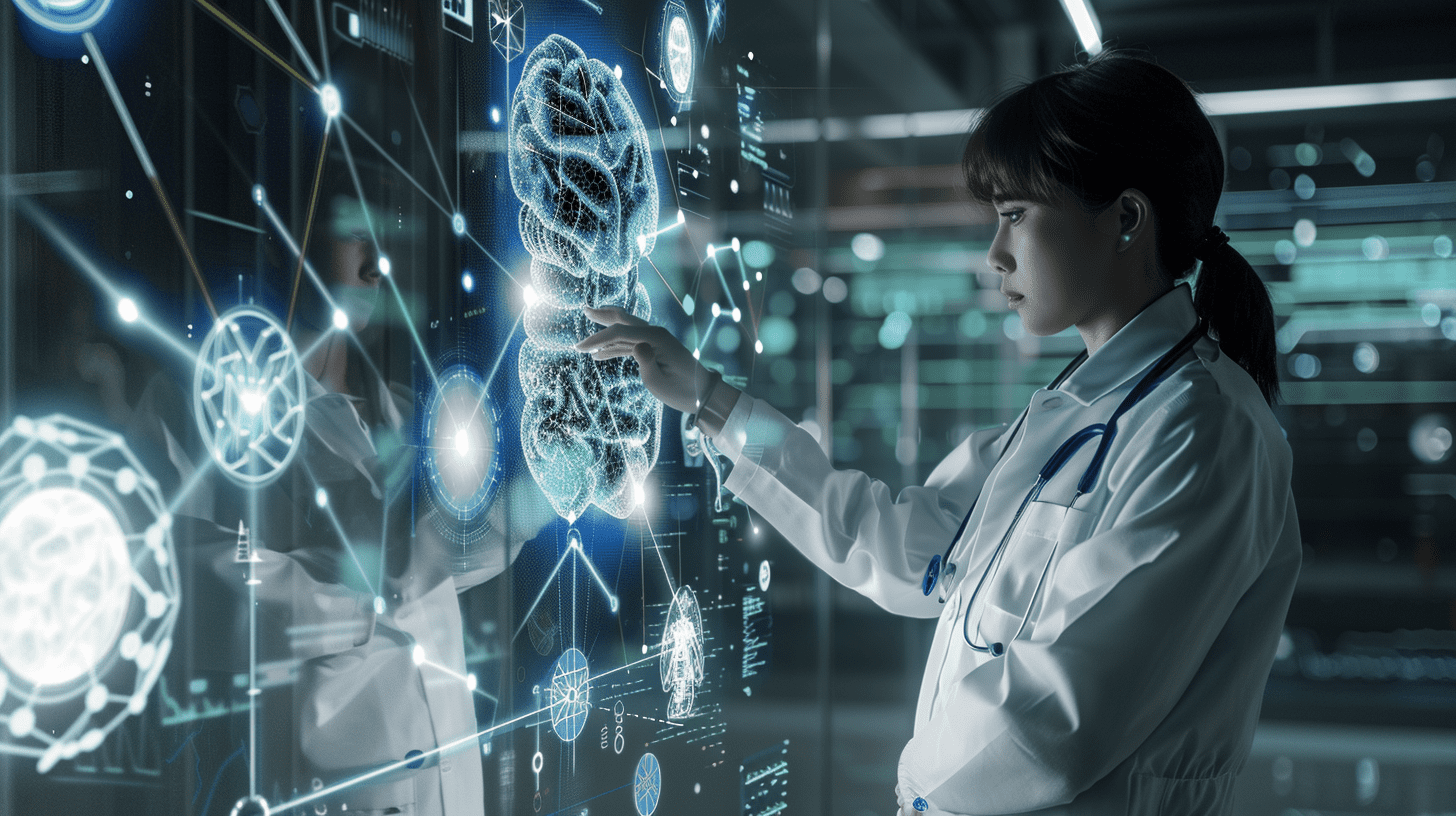 A doctor analyzing a holographic brain interface in a futuristic setting, highlighting the potential of AI in medtech product design. The image uses a cohesive color palette of blue, white, and silver