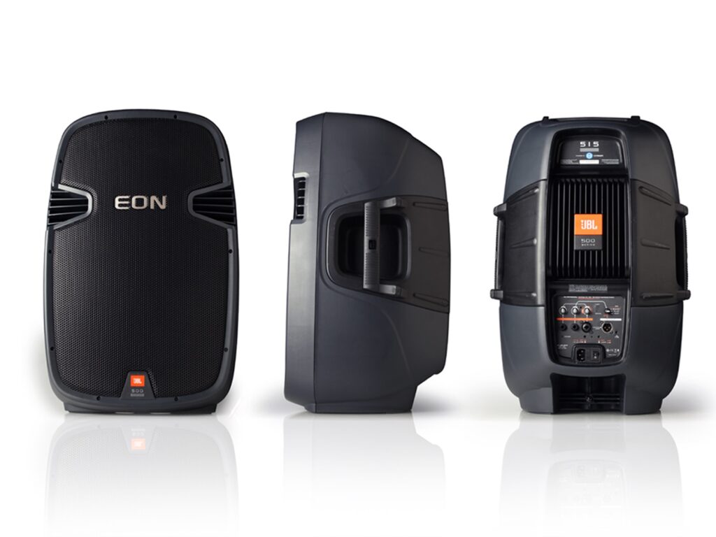 Front, side, and back views of the JBL EON speaker, illustrating its sleek design, ergonomic handle, and accessible control panel, designed by RKS Design for optimal performance and user experience.