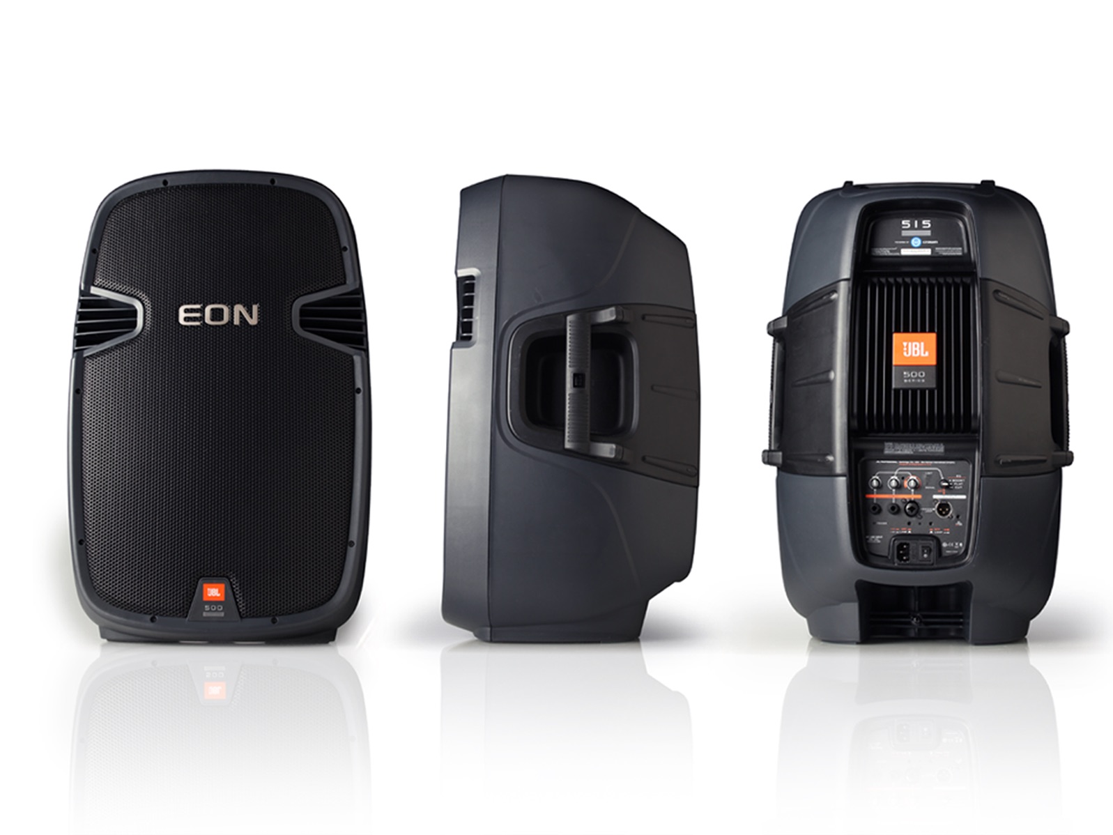 Front, side, and back views of the JBL EON speaker, illustrating its sleek design, ergonomic handle, and accessible control panel, designed by RKS Design for optimal performance and user experience.