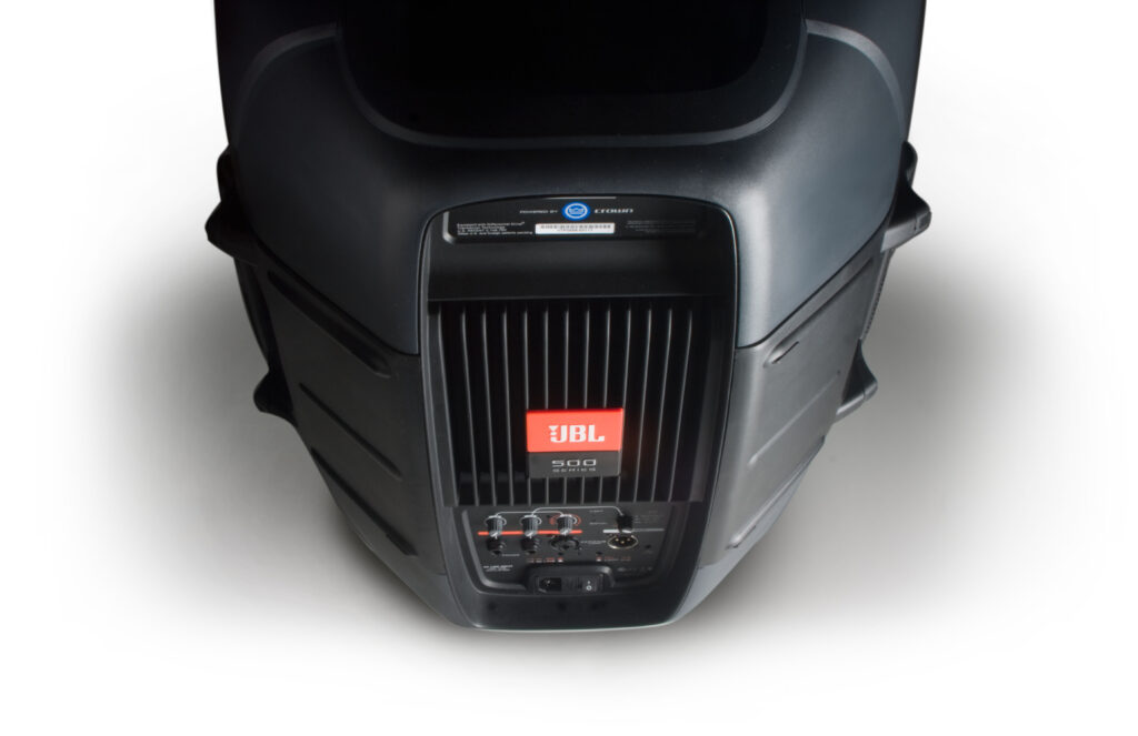 Rear panel view of the JBL EON 500 series speaker showcasing the ventilation and JBL logo.