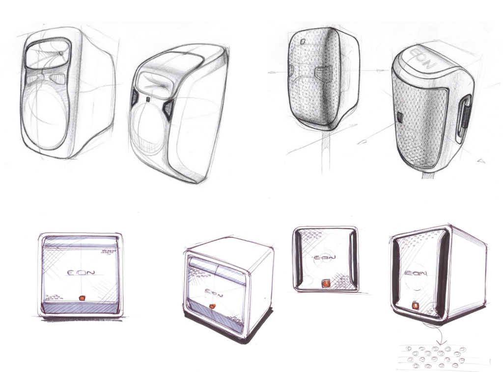 Initial design sketches of the JBL EON speaker showcasing different concepts and ideas.