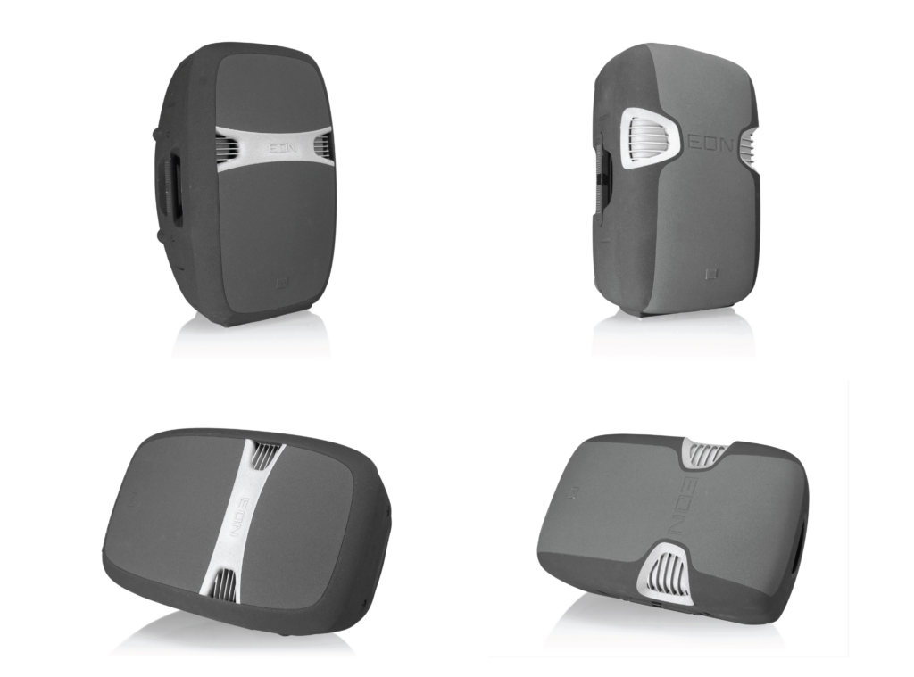 Different prototype models of the JBL EON speaker demonstrating various design iterations.