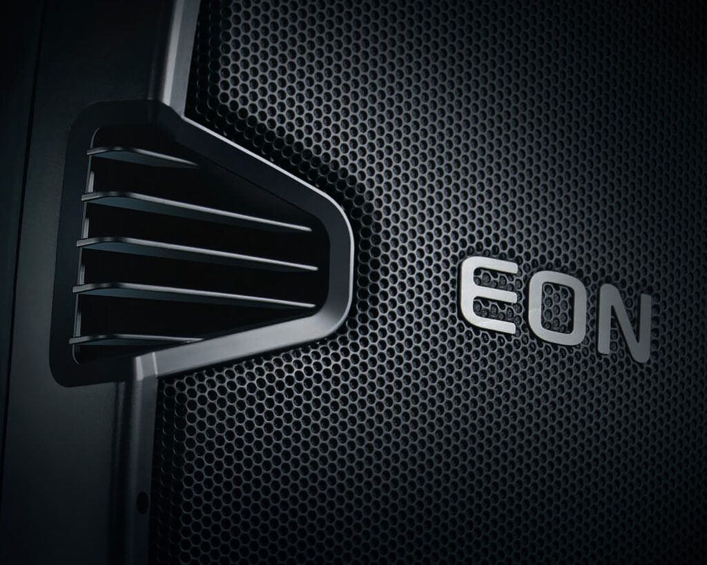 Close-up front view of the JBL EON 500 series speaker grille with JBL logo.