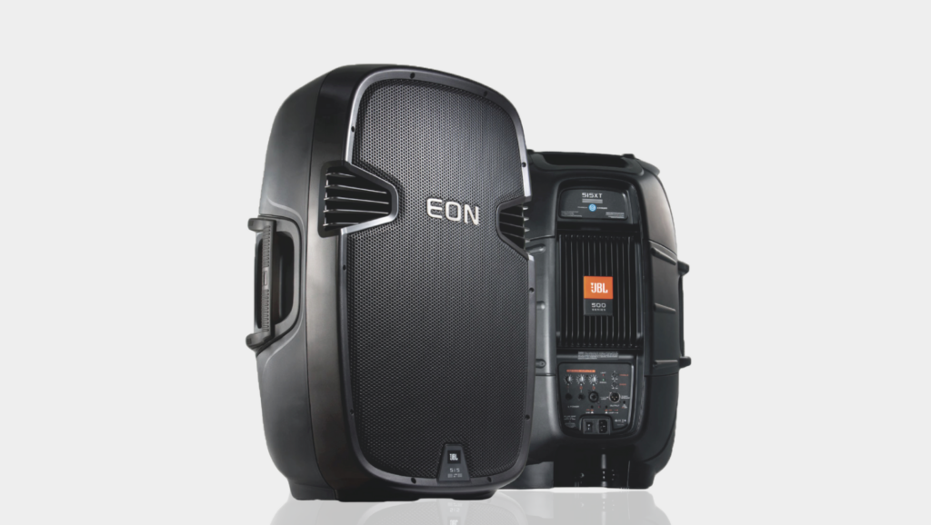 Composite image showing both the front and back of the JBL EON 500 series speaker, highlighting its modern design and control panel.