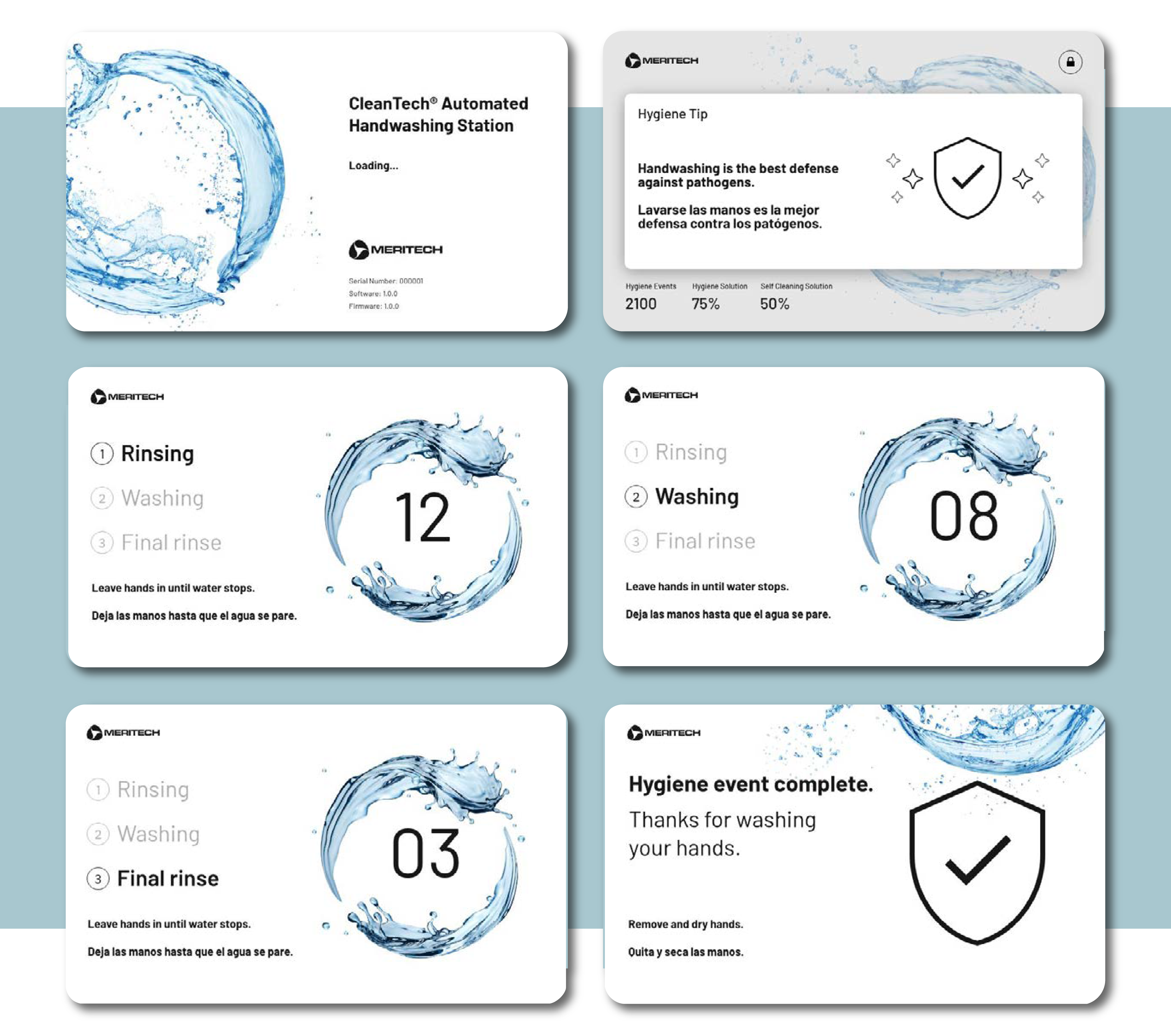 Interface screens showing handwashing steps and countdown timers for an industrial hygiene product.
