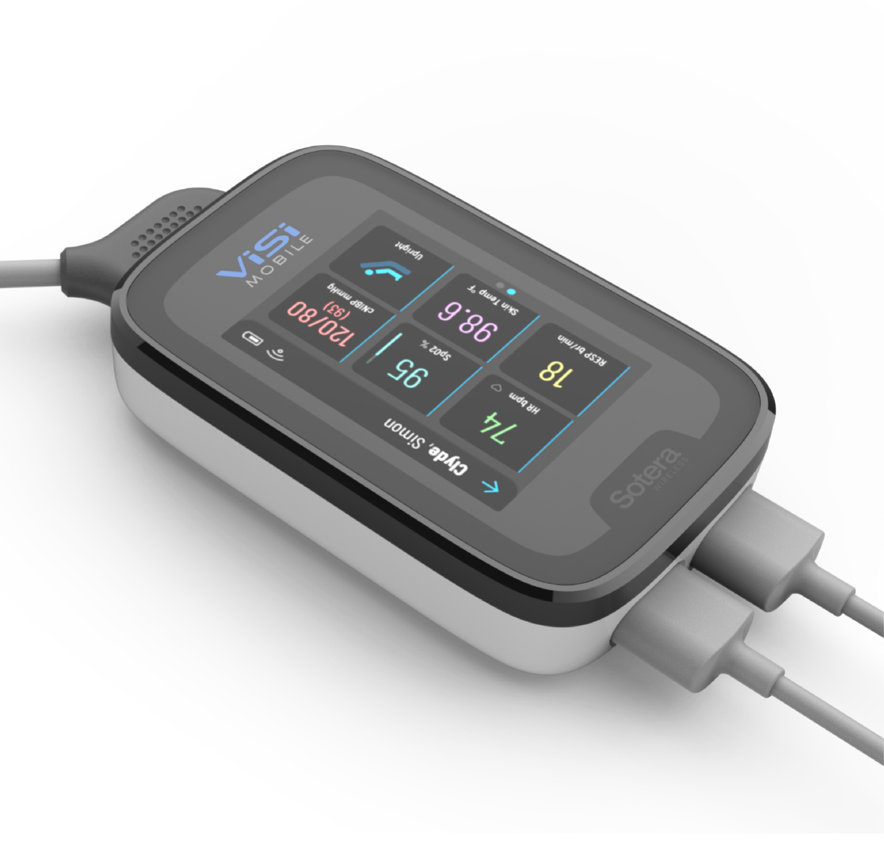 Close-up of the Sotera Wireless health device’s sleek design and dual cable inputs.