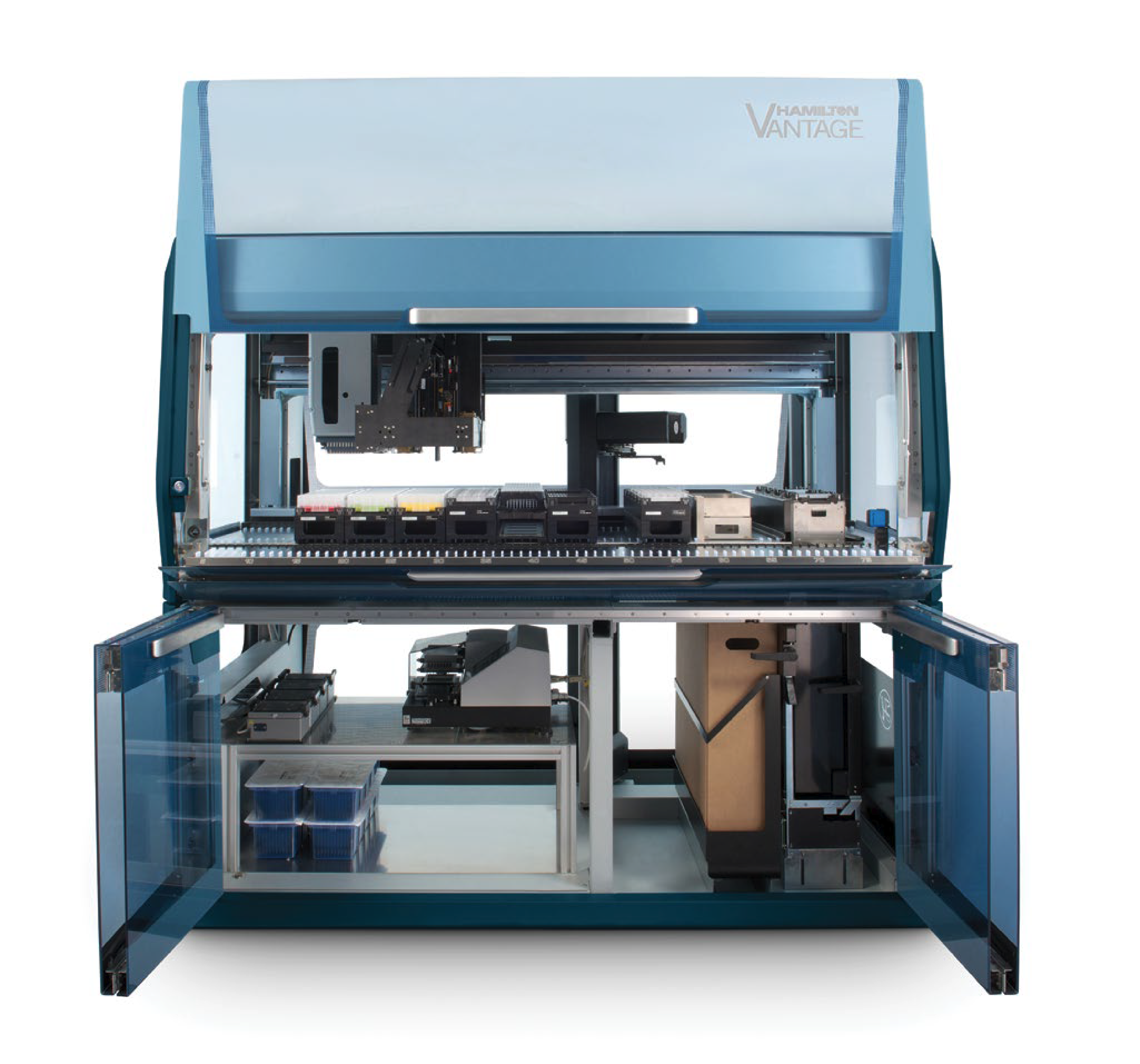 Open configuration view of the Hamilton Vantage automated liquid handling platform, emphasizing RKS Design’s modular approach to storage and engineering
