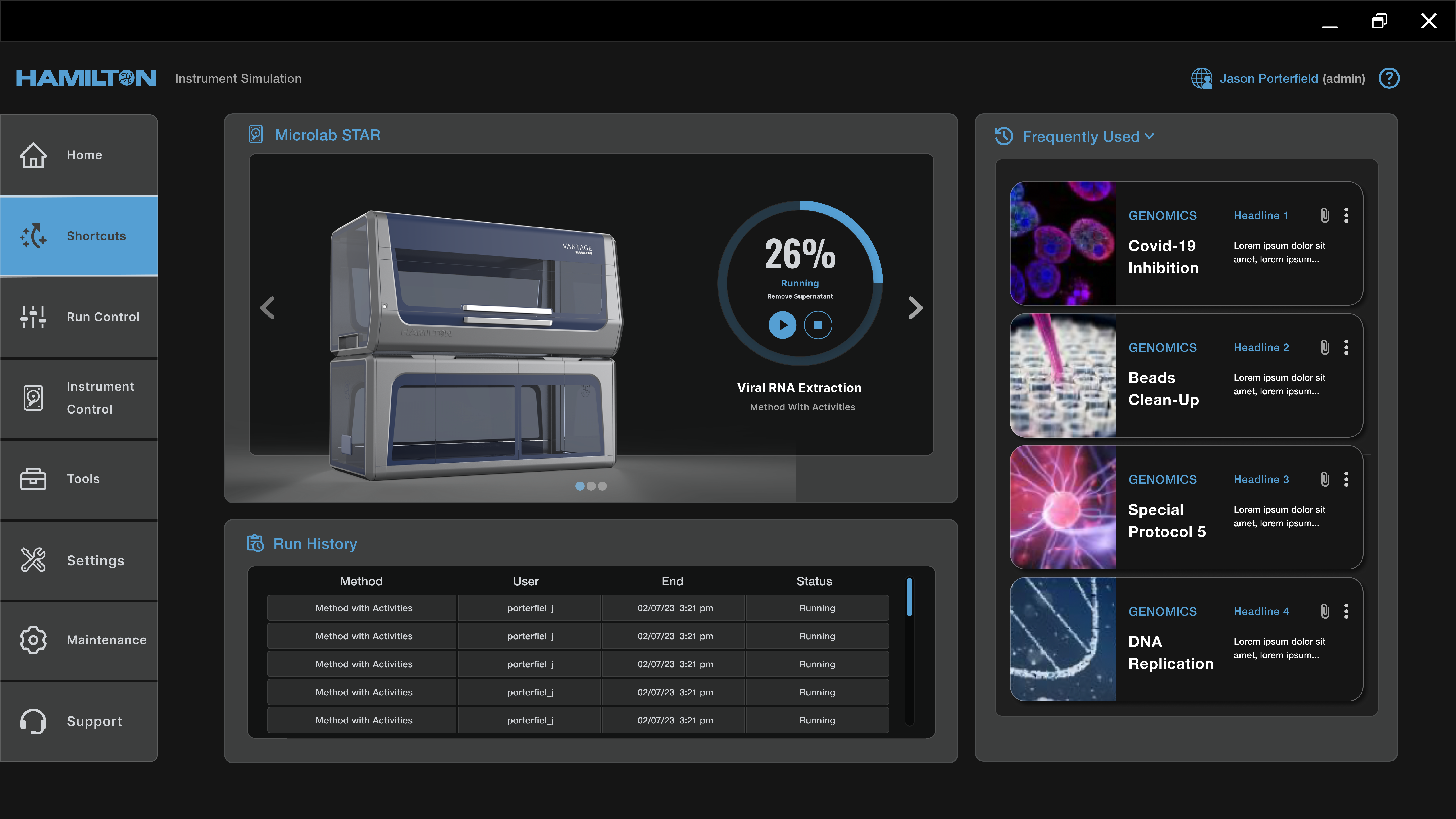 Dark mode UI of Hamilton Vantage automation software, enhancing workflow efficiency