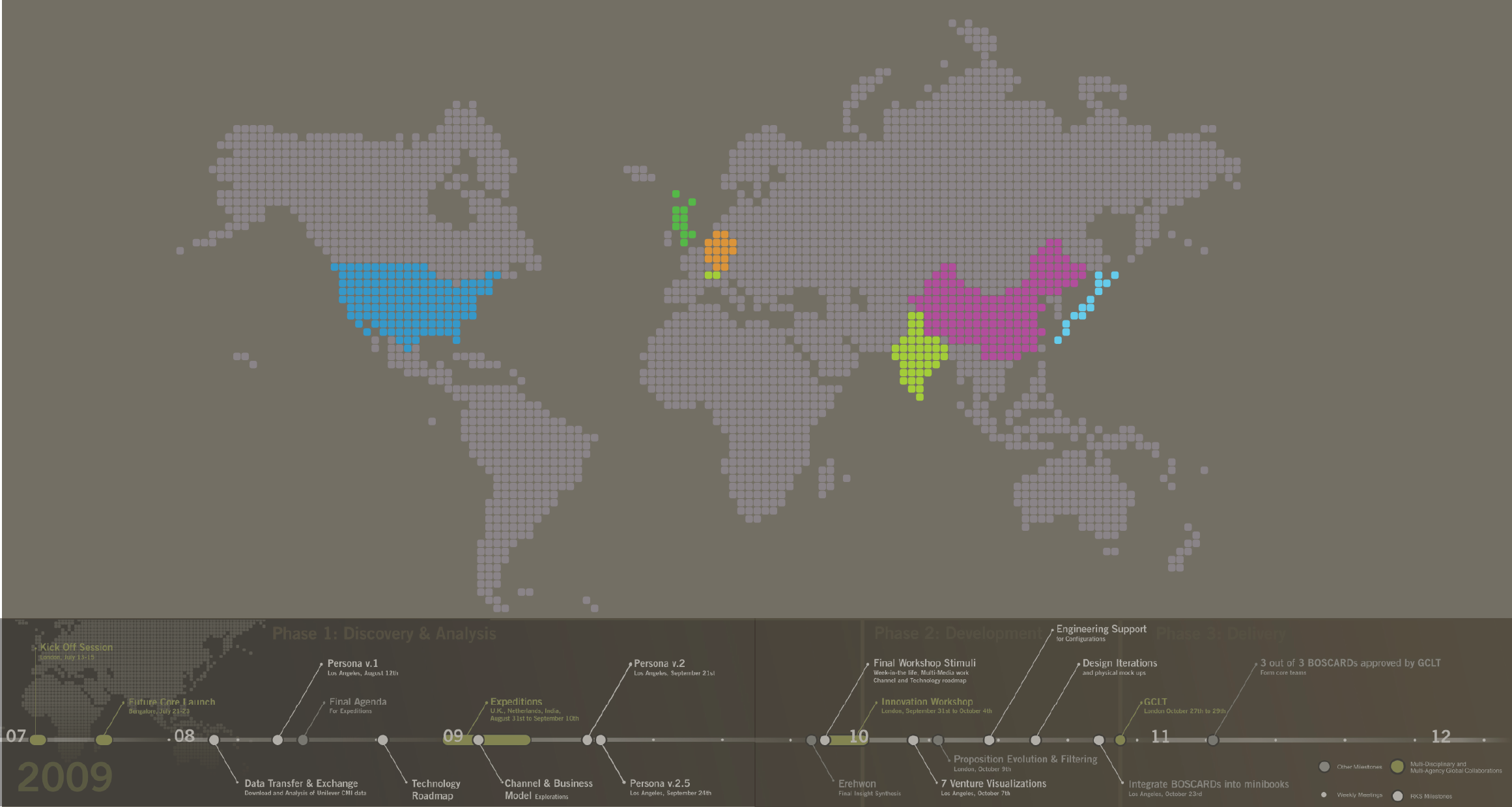 World map and timeline visualizing RKS Design’s research, development, and market expansion strategy for Unilever Laundry Additive.