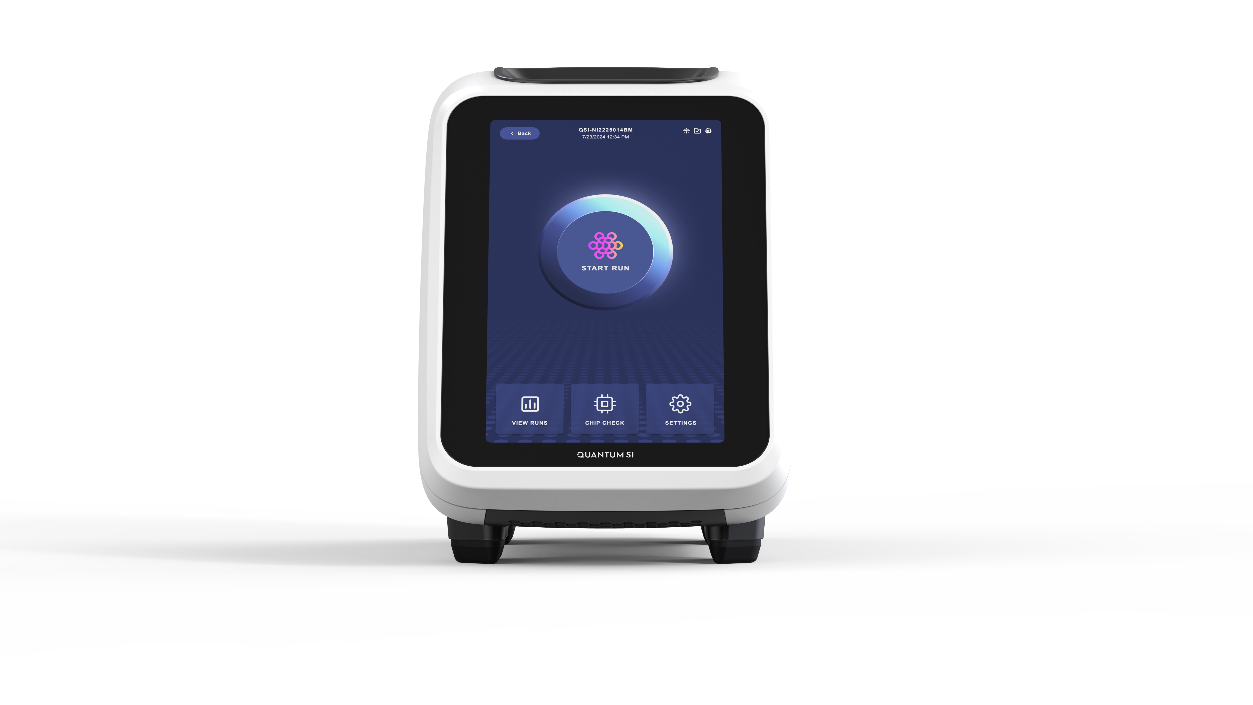 Quantum Si sequencing device designed by RKS Design, featuring a sleek touchscreen interface for streamlined lab testing.