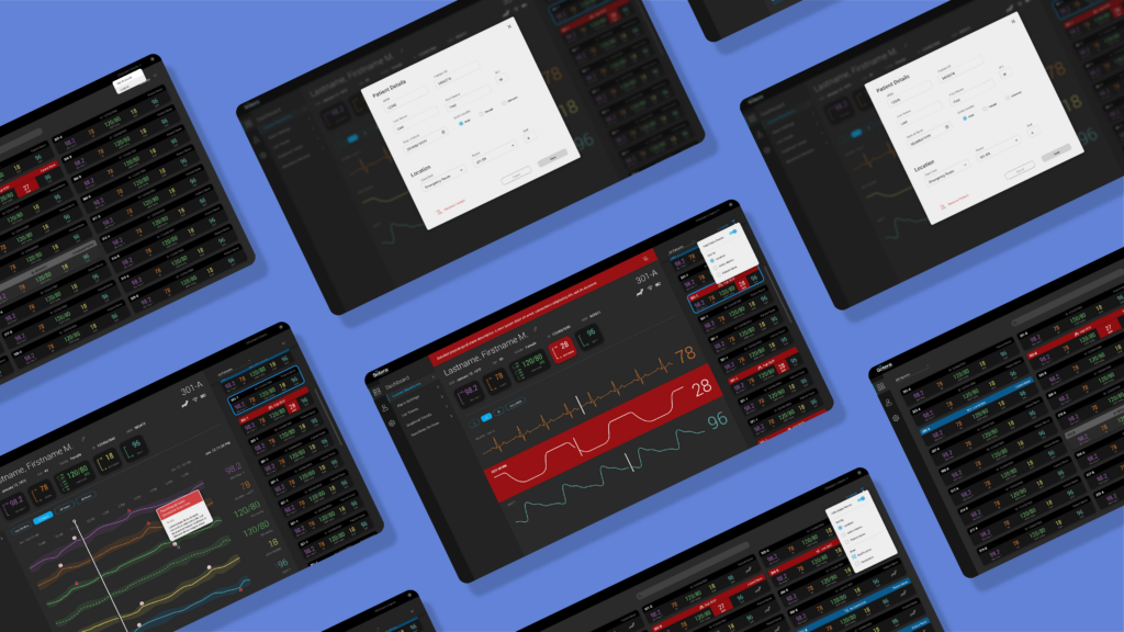 Sotera Wireless patient monitoring dashboard on tablets, displaying real-time vitals, designed by RKS Design