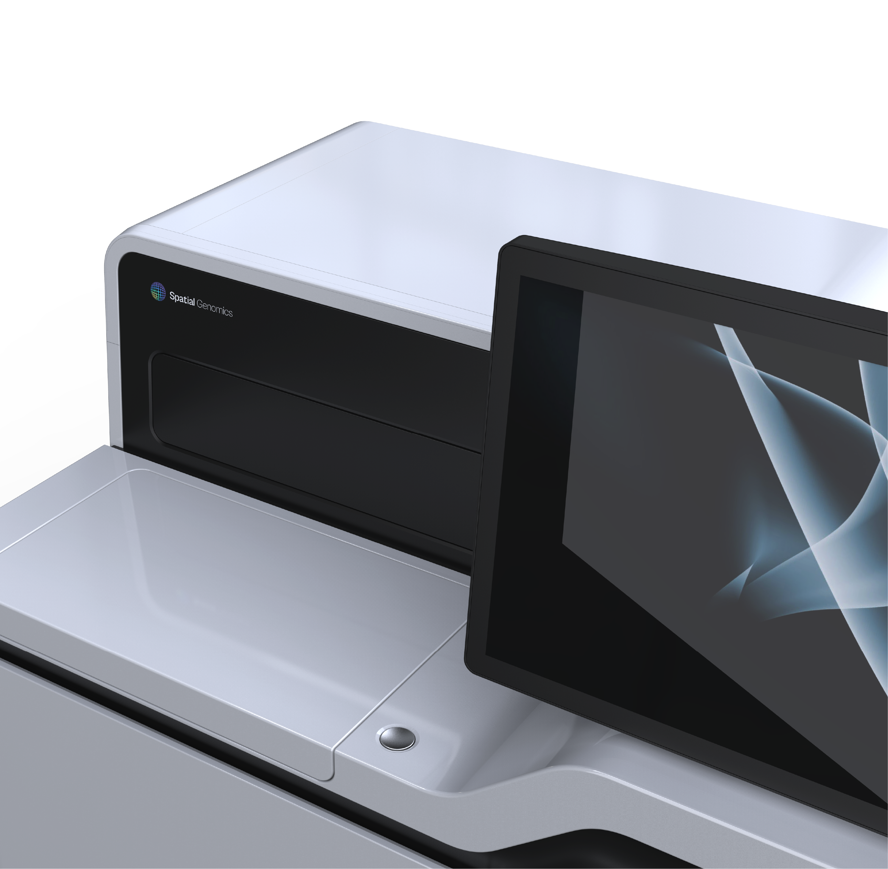 Close-up of the Spatial Genomics instrument’s touchscreen and design