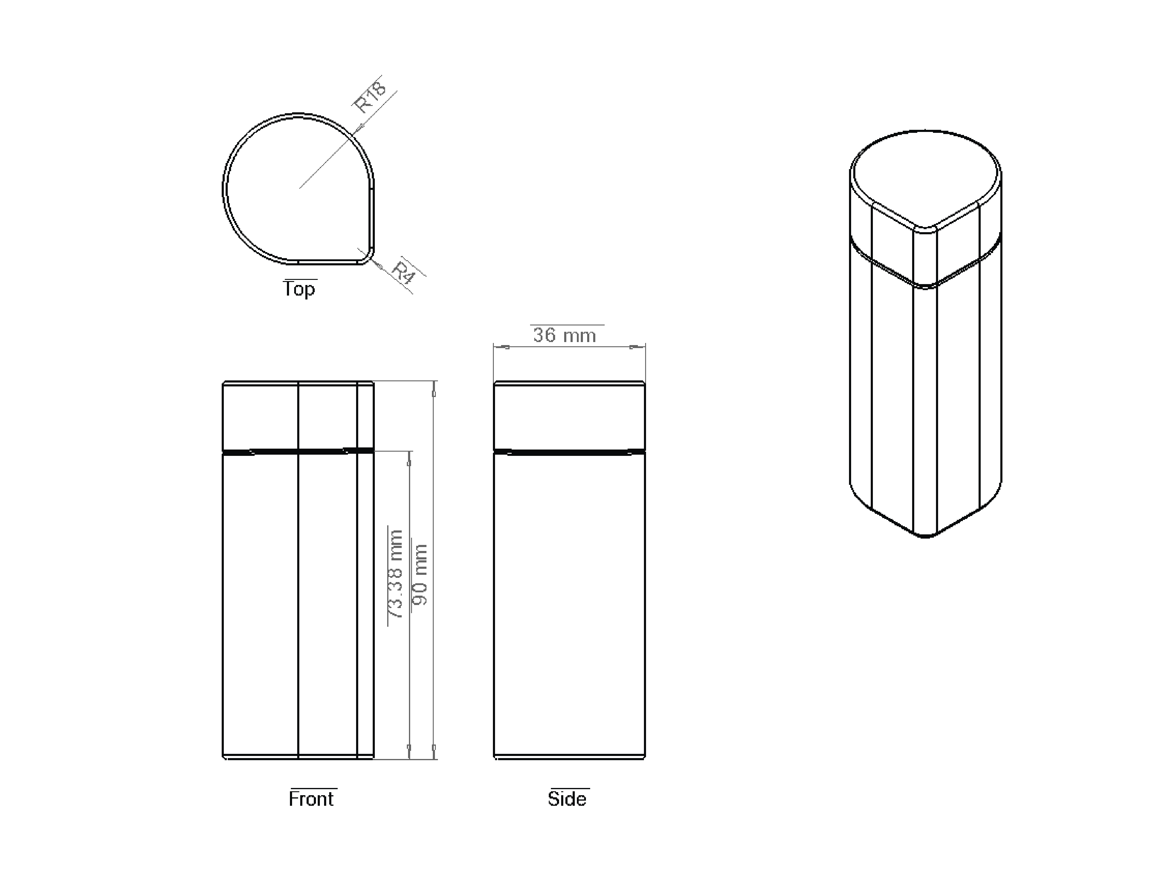 Technical drawing of Vive Organic Wellness Shot bottle designed by RKS Design, showing dimensions and structure.