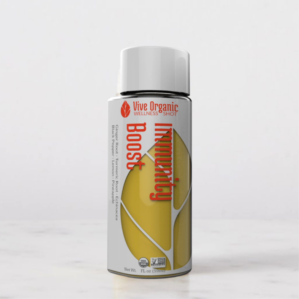 Close-up of Vive Organic Immunity Boost shot, highlighting its premium label and health-focused ingredients.